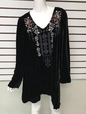 Johnny Was Velvet Embroidered Tunic Dress Black XL